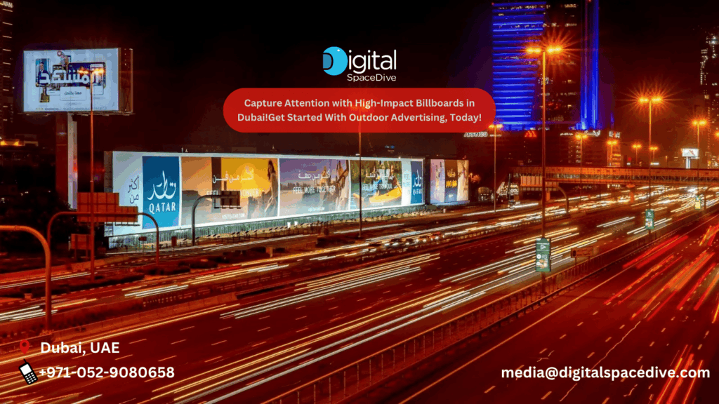Large-format billboard advertising campaign displayed along a high-traffic highway in Dubai, UAE at night