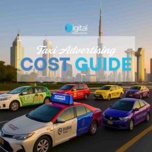 Taxi advertising cost guide and promotional graphic for Digital SpaceDive services in Dubai, UAE