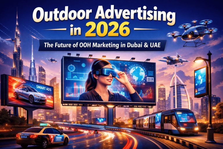 Digital transformation of outdoor advertising in the UAE, showcasing smart billboard technology and drone marketing integration.