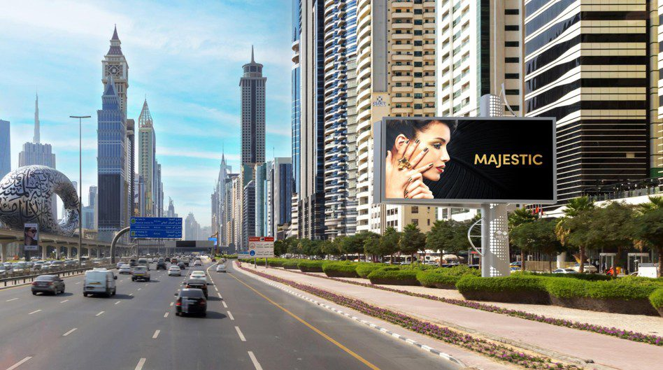 High-visibility outdoor digital LED billboard on Dubai's Sheikh Zayed Road for maximum brand reach in a high-traffic area.