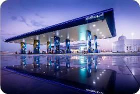 Premium fuel station infrastructure in the UAE utilized for strategic outdoor and transit media brand placements.