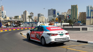 Full vehicle wrap and rear window branding for Sharjah taxi advertising in the UAE