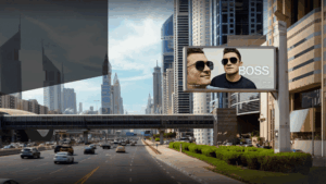 Hugo Boss billboard advertisement with Orlando Bloom overlooking Dubai highway
