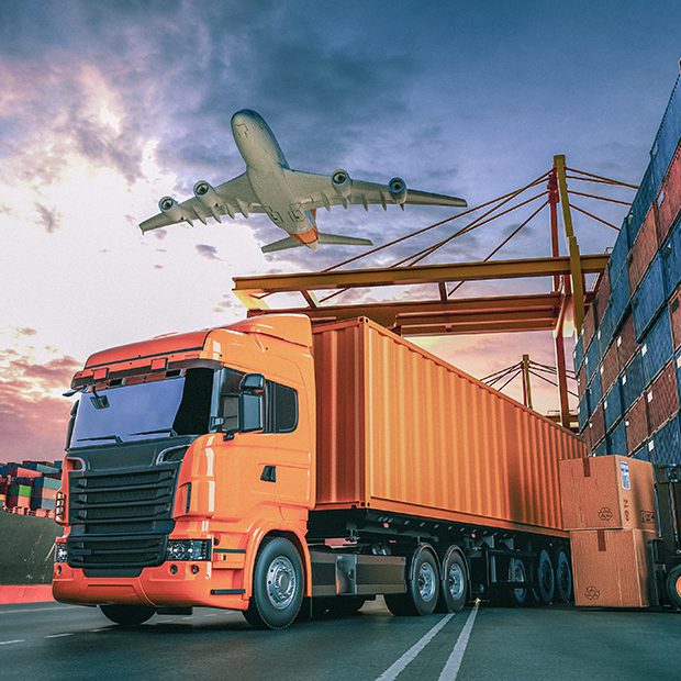 Cargo truck and airplane moving freight at shipping port
