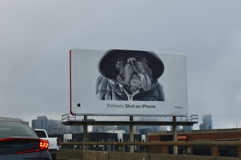 Shot on iPhone portrait billboard featuring a pug dog next to highway