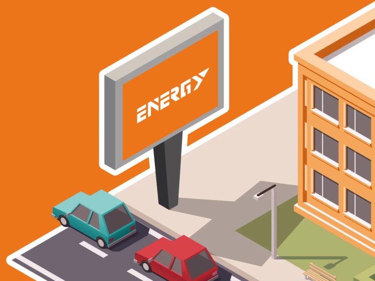 Isometric billboard vector illustration with cars on street