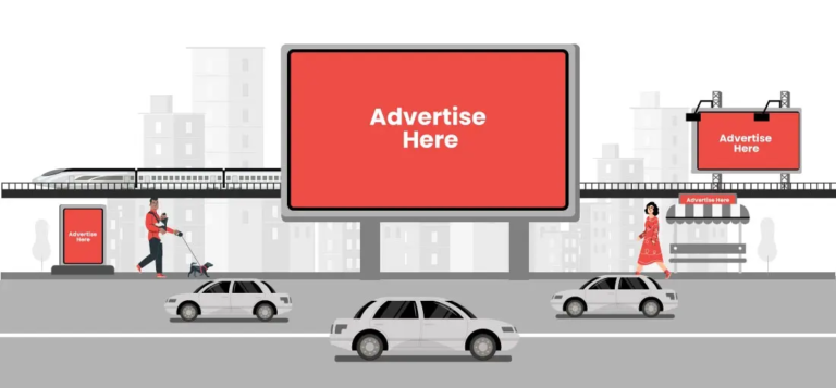 Outdoor billboard and transit media advertising vector illustration with city skyline