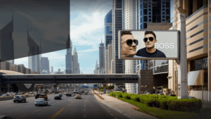 Hugo Boss billboard advertisement featuring Orlando Bloom on Dubai highway
