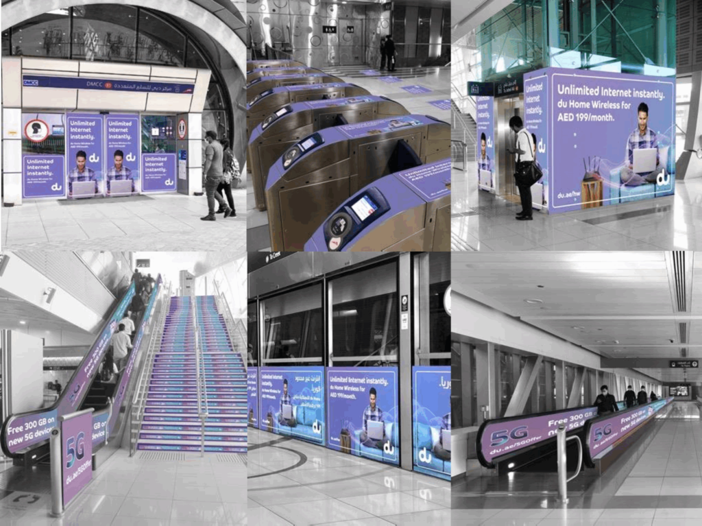 Comprehensive branding campaign for du telecommunications displayed across various touchpoints inside a Dubai Metro station.