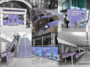 Comprehensive branding campaign for du telecommunications displayed across various touchpoints inside a Dubai Metro station.