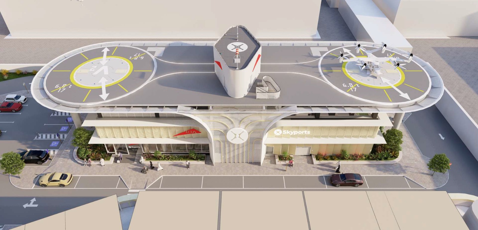 Aerial view of a modern Skyports vertiport infrastructure project in Dubai featuring landing pads and branding