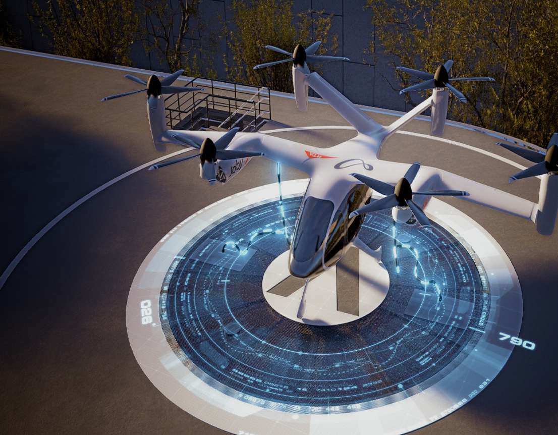 Joby Aviation electric air taxi (eVTOL) parked on a futuristic digital vertiport landing pad in Dubai