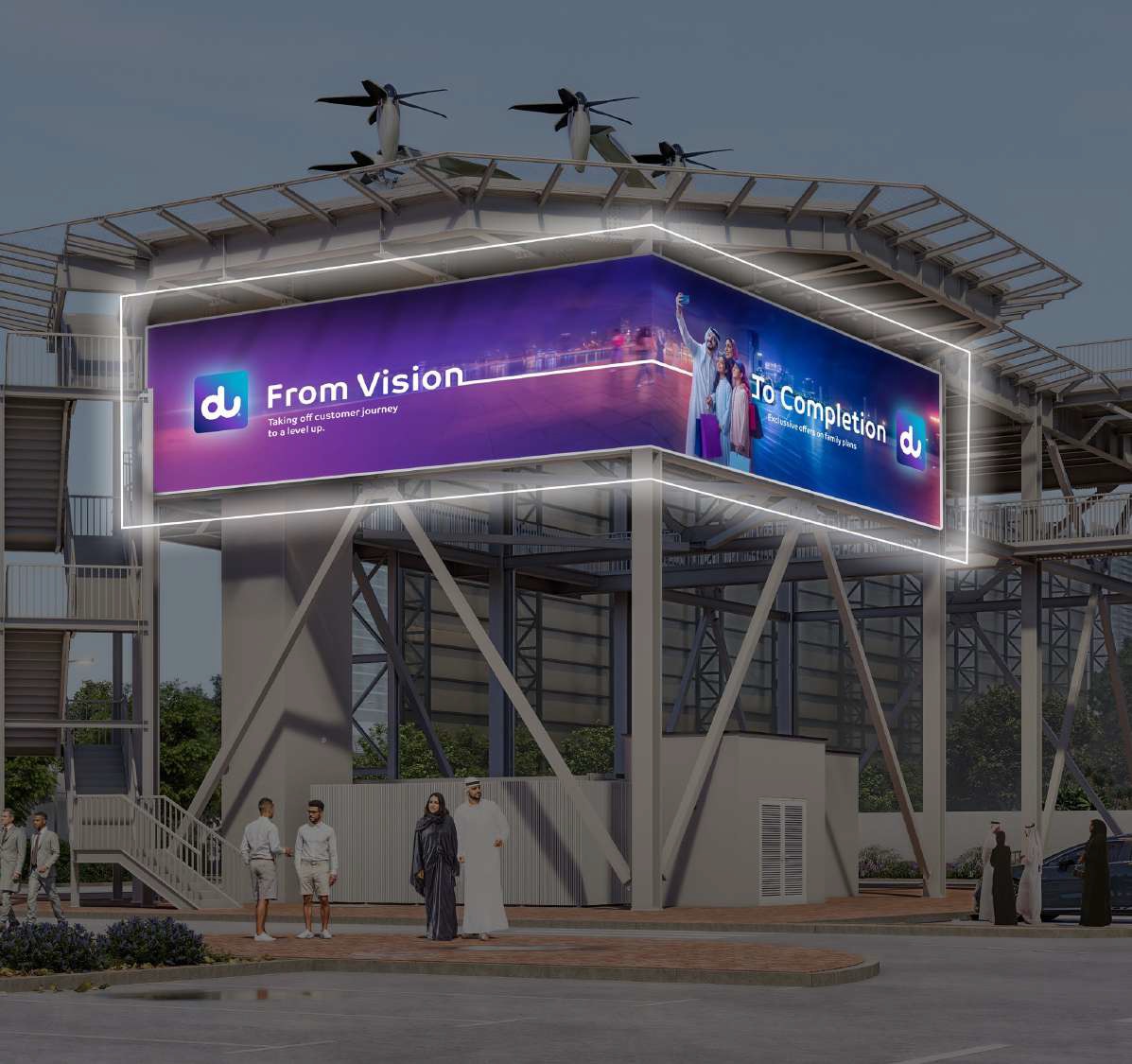 Futuristic vertiport advertising display showcasing du telecommunications branding in a high-tech Dubai infrastructure setting
