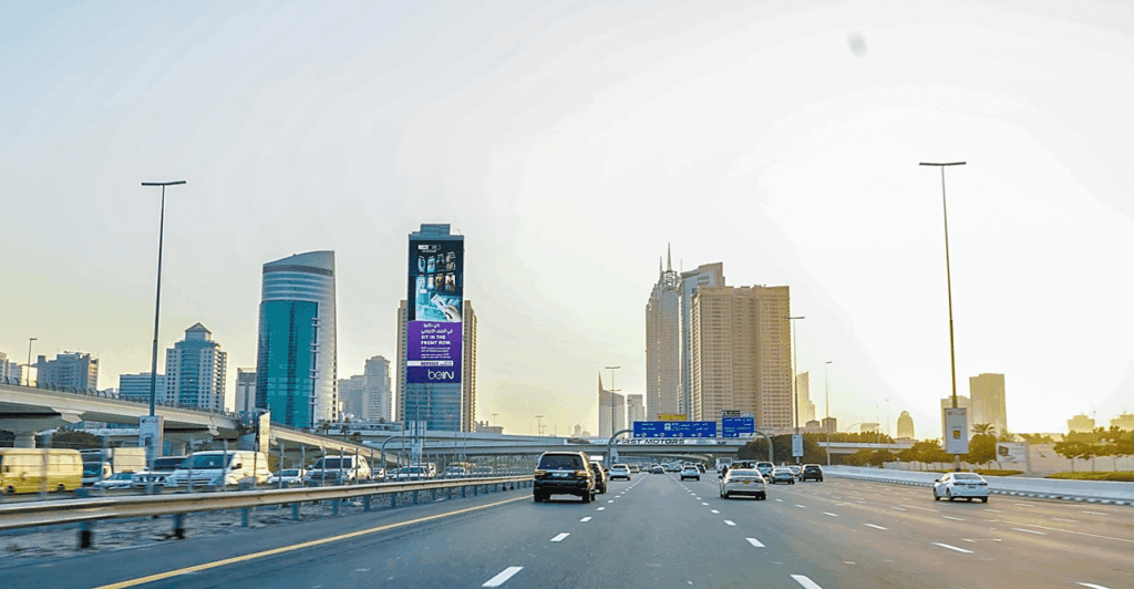 beIN sports building wrap advertisement on Sheikh Zayed Road Dubai highway